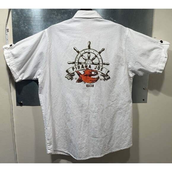 Piraña Joe Roatan 100% Cotton Shirt White Short Adjustable Sleeve Large - Picture 16 of 16